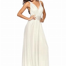 EMMA Damen Sexy Elgant V-Ausschnitt Rückenfrei Gefaltet Plisse Abendkleider Schulterfrei Cocktailkleid Abschluss Bandage Rücken Kreuz, S, Beige