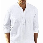 Enlision Weiß Leinenhemd Herren Hemd Langarm Sommerhemd Herren Regular Fit Freizeithemd mit Brusttasche Henley Shirt L