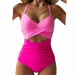 Eomenie Einteiliger Damen-Badeanzug, Wickeldesign, Cutout, Bauchkontrolle, hohe Taille, Rückenbindung, Knoten, Pinkfarbener Block, Large