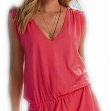 ERGEOB® Kurzes Luftiges Damen Sommerkleid mit tiefem V-Ausschnitt in Koralle - Rückenfreies Freizeitkleid Ideal als Bikini Cover Up, Strand, Urlaub, Pool, Meer, See, Sommernächte, Party.