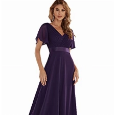 Ever-Pretty Damen Abendkleid Frau A-Linie Chiffon Brautjungfernkleid V Ausschnitt Hochzeit Bodenlang Dunkel Violett 48