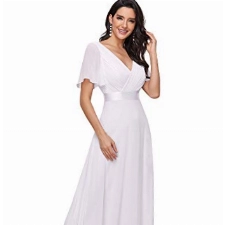 Ever-Pretty Damen Abendkleid Frau A-Linie Chiffon Brautjungfernkleid V Ausschnitt Hochzeit Bodenlang Weiß 40
