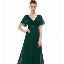 Ever-Pretty Damen Abendkleid Frau A-Linie Chiffon Festliches Kleid V Ausschnitt Hochzeit Bodenlang Dunkelgrün 38