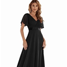 Ever-Pretty Damen Abendkleid Frau A-Linie Chiffon V Ausschnitt Hochzeit Bodenlang Schwarz 44