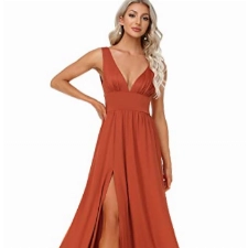 Ever-Pretty Damen Abendkleider lang Hohe Dehnung Asymmetrisch Dekolletiert V-Ausschnitt A-Linie Gebrannte Orange 36EU