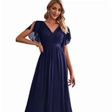 Ever-Pretty Damen Ballkleider Gürtel Lang A-Linie Empire Kurze Ärmel V-Ausschnitt Chiffon Elegant Navy Blau 40EU