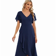 Ever-Pretty Damen Festliches Kleider Asymmetrisch Kurze Ärmel V-Ausschnitt Lang Chiffon Rückenfrei Elegant Navy Blau 38EU