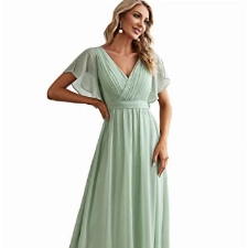 Ever-Pretty Damen Festliches Kleider Gürtel Lang A-Linie Empire Kurze Ärmel V-Ausschnitt Chiffon Elegant Minzgrün 38EU