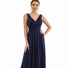 Ever-Pretty Damen Partykleid A-Linie V-Ausschnitt Ärmellos Hohe Taille lang Navy blau 36