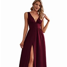 Ever-Pretty Damen Partykleider lang Hohe Dehnung Asymmetrisch Dekolletiert V-Ausschnitt A-Linie Burgund 38EU