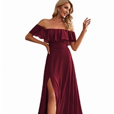 Ever-Pretty Damen Schulterfrei Rüschen Dekolletiert Chiffon Hohe Taille Elegant Maxi Abendkleider Burgund 36