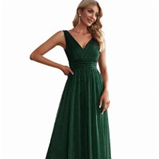 Ever-Pretty Damen V-Ausschnitt Ärmellos Hohe Taille Glitzer Elegant Lang Abendkleid Dunkelgrün 38