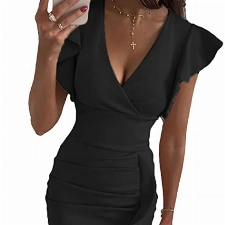 Evilib Vintage-Wickelkleid für Damen, mit V-Ausschnitt und Rüschenärmeln, figurbetontes Midikleid mit Raffungen, Abendkleid für Party, Cocktailempfang, Etuikleid für formale Anlässe, Schwarz , L