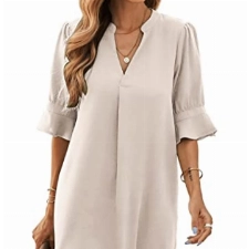 Famulily Sommer Kleid für Frauen Trendy V-Ausschnitt Nette Kleider Casual Lose Flowy Mini Kleid Beige XL