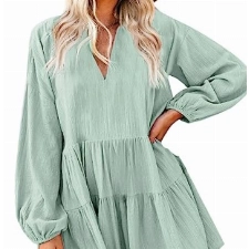 FANCYINN Damen Rüschen Glockenärmel Etuikleid Babydoll Leinen Casual Minikleid mit Taschen Langarm Hellgrün M