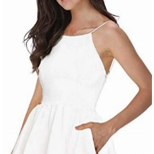 FANCYINN Damen Sommerkleid Armellos Spaghetti-Armband Kleider Elegant Rückenfreies Kurze Kleid Minikleid Weiß S(34-36)