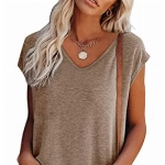 FANGJIN Damen Solid Kurzarm T Shirt Casual Pullover Oberteile Sommer T-Shirts Elegant Khaki Mittel M