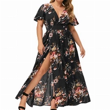 Festliche Kleider FüR Damen GroßE GrößEn,Chiffonkleid FüR Mollige Frauen A Linie Kleid Sommer Kurzarm Blumenkleid Lange Partykleid Boho Maxikleid Midikleid Sommerkleid Elegant Freizeitkleid