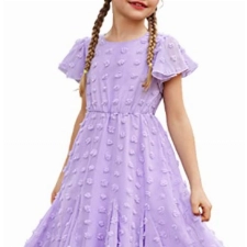 Flypigs Sommerkleid Mädchen kurz A-Linie Elegant Casual Chiffon Strandkleid Prinzessin Kleid Sommer Kurzarm Rüschen Violett 128/134