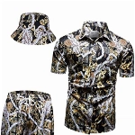 fohemr Herren barock 2-Teiliges Outfit Golden Chain Muster Schwarz Hemd shorts mit Eimerhut Freizeitanzug Sommer Urlaub Strand set X-Large
