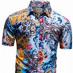 fohemr Herren Barock Hemd luxuriös Blumen Muster Shirt Kurzarm Button Down Paisley Hemd Freizeithemd Blau 4X-Large