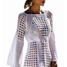 FSMO Damen Langarm Strandkleid Gestrickte Schlitz Bikini Cover Up Strandponcho Sommer Lange Kaftan Maxikleid (Einheitsgröße, Weiß)