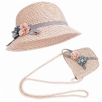FT-SHOP Strohhut und Kleine Tasche Set Mädchen Kinder Sommer Sonnenhut mit Blumendekoration für den Urlaub Reise Outdoor-Aktivitäten