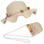 FT-SHOP Strohhut und Kleine Tasche Set Mädchen Kinder Sommer Sonnenhut mit Blumendekoration für den Urlaub Reise Outdoor-Aktivitäten