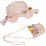 FT-SHOP Strohhut und Kleine Tasche Set Mädchen Kinder Sommer Sonnenhut mit Blumendekoration für den Urlaub Reise Outdoor-Aktivitäten
