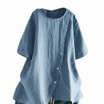 FTCayanz Damen Leinen Bluse Tunika Sommer Kurzarm T-Shirt Elegant Oberteil Grau Blau XXL