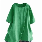 FTCayanz Damen Leinen Bluse Tunika Sommer Kurzarm T-Shirt Elegant Oberteil Grün XL