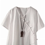 FTCayanz Damen Leinen Tunika Tops V-Ausschnitt Knopfleiste Bluse Kurzarm T-Shirt Weiß XXL