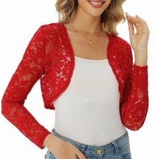 fuinloth Damen Spitze Bolero Jäckchen für Abendkleid Kurze Festlich Schulterjacke Elegant Hochzeit Bolerojacke, Rot, XXL, 46-48