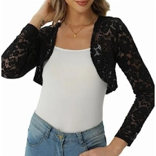 fuinloth Damen Spitze Bolero Jäckchen für Abendkleid Kurze Festlich Schulterjacke Elegant Hochzeit Bolerojacke, Schwarz, XXL, 46-48