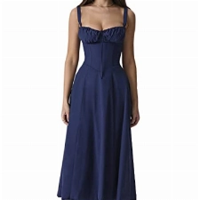 Fylovery Damen Y2K ärmelloses florales Mittelkleid, tiefer Ausschnitt, figurbetontes Kleid, rückenfrei, Bustier-Saum, Schlitz, Slip, Cami-Kleid, Boho, A-Linie, fließendes Sommerkleid, D-Blau, L