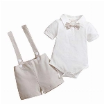 Gajaous Baby Jungen Gentleman Anzüge, Kinder Kurzarm Bowtie Shirt Strampler + Hosenträger Shorts Overalls Festliche Taufe Hochzeit Gentleman Shorts Set 0-24M, A-Beige, 3-6 Monate(Tag 70)