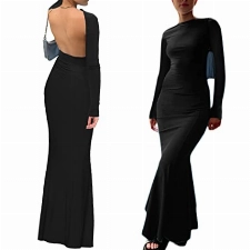 Geagodelia Damen Sexy Rückenfreies Kleider Lange Partykleid Langarm/Spaghetti Sommerkleid Maxikleider Sommer Y2k Aesthetic Clothes Outfit Skims Dupes Backless Dress (B - Schwarz, S)