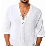 Gemijacka Hemd Herren Kurzarm Leinenhemd mit V Ausschnitt Mittelalter Schnürhemd Loose Fit Sommer Shirt Weiß L