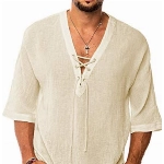 Gemijacka Hemd Herren Kurzarm Leinenhemd mit V Ausschnitt Mittelalter Schnürhemd Loose Fit Sommer Shirt Beige M