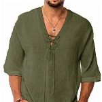 Gemijacka Hemd Herren Kurzarm Leinenhemd mit V Ausschnitt Mittelalter Schnürhemd Loose Fit Sommer Shirt Grün L