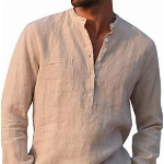 Gemijacka Hemd Herren Langarm Henley Leinenhemd Herren Freizeithemd mit Brusttasche Regular Fit Men Shirts, Beige, XL