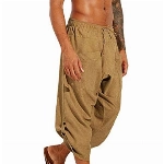Gemijacka Herren 3/4 Leinenhose Baggy Loose Fit Pluderhose Leicht Boho Sommerhose mit Taschen Gelb L
