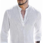 Gemijacka Herren Leinenhemd Henley Freizeithemd 3/4 Ärmellänge & Kurzarm Regular Fit Kragenloses Shirt, Weiß, L