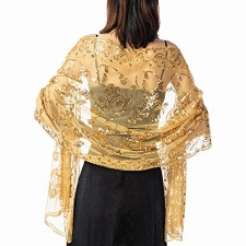 GIBZ Damen Bestickt Glitzer Schal Dünn Vintage Floral Stola Wraps mit Pailletten für Hochzeit Abendkleider, Gold