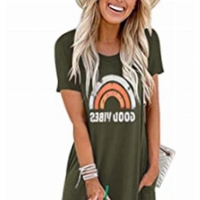 Good Vibes Maxikleid, Regenbogen-Tasche, kurzärmelig, für Damen, Sommer, lässig, T-Shirt-Kleider, Urlaub, Strand, einfarbig, langes Kleid, Grün , XX-Large
