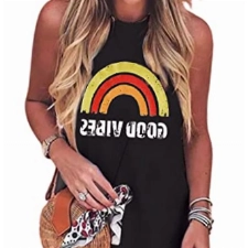 Good Vibes Regenbogen O-Ausschnitt Minikleid Casual Sommer Urlaub Camping Frauen Ärmellos Lustige Brief Grafik Regenbogen Kleid, schwarz, Groß