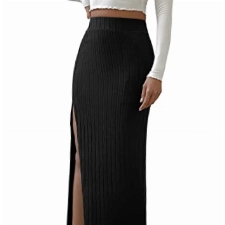 GORGLITTER Damen Lange Rock Hohe Elastiche Bund Maxirock mit Schlitz Vintage Freizeitrock Wellensaum Röcke Schwarz M