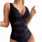 GORGLITTER Damen Mesh Badeanzug V-Ausschnitt One Piece Swimwear Träger Einteilige Bademode mit Kontrast Netzstoff Schwarz L