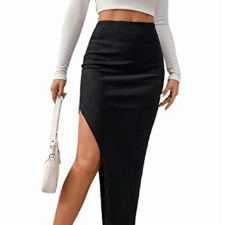 GORGLITTER Damen Rock Elegant Maxirock Rockabilly Vintage Retro Röcke mit Schlitz Freizeitrock Partyrock Schwarz M