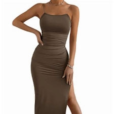 GORGLITTER Damen Rückenfrei Midikleid Spaghettiträger Partykleid Bodycon Kleider mit Schlitz Braun XS